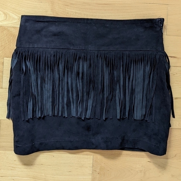 Mango genuine leather fringe mini skirt western style black size 2 T3 - Picture 7 of 8